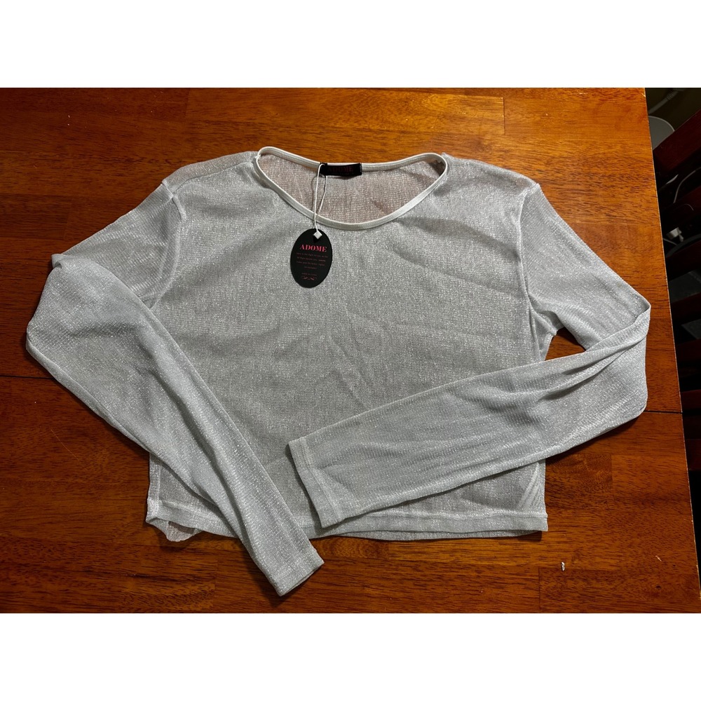 Adome Silver Metallic Mesh Long Sleeve Crop Top Sheer Shimmer Festival Shirt L
